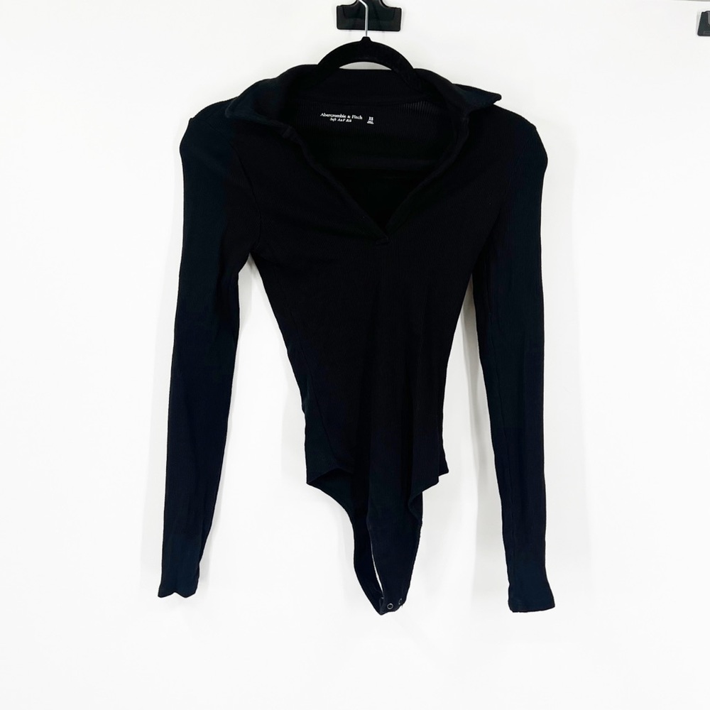 Abercrombie & Fitch Soft Ribbed Black Collared Polo Bodysuit Long Sleeve